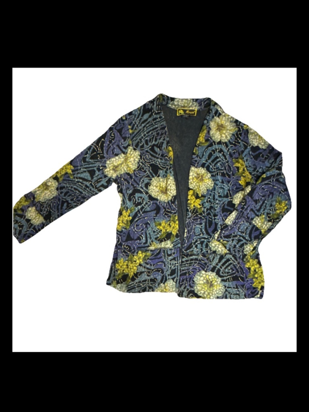 Vintage Floral Blazer Jacket – Blue & Gold Patterned Open Front Grandma Core